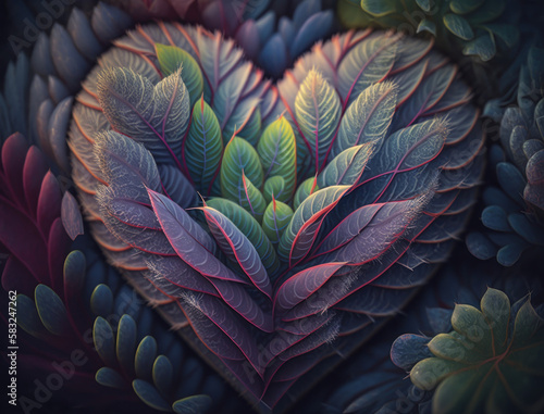 Green heart made by foliage that represents environmental protection created with Generative AI technology.