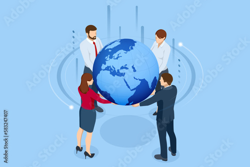 Isometric Male and female colleagues. Group of Business People. Global business, the team around the globe. International project.