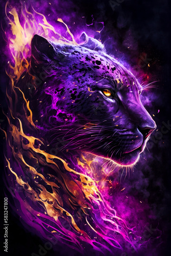 purple and yellow leopard with orange and yellow flames on it's face. Generative AI.
