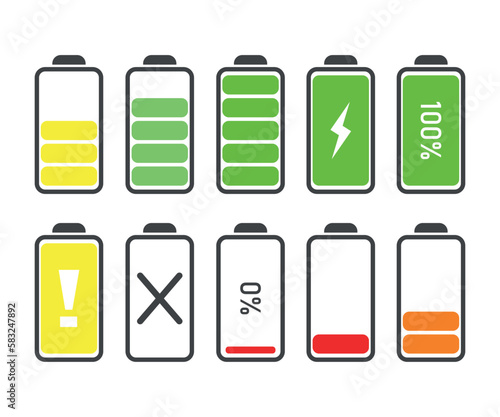 Battery icon vector set isolated on white background. Symbols of battery charge level, full and low. The degree of battery power flat vector illustration.