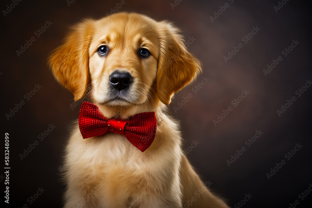 Dog with red bow tie sitting in front of black background. Generative AI.