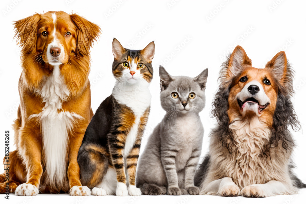 Group of cats, dogs, and dog sitting next to each other. Generative AI.
