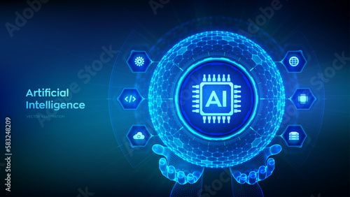 AI. Artificial Intelligence in the shape of sphere with hexagon grid pattern in wireframe hands. Machine Learning Concept. Big data. Neural networks. AI and virtual technology. Vector illustration.