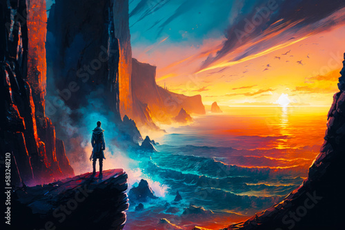 man standing on cliff overlooking the ocean at sunset. Generative AI.