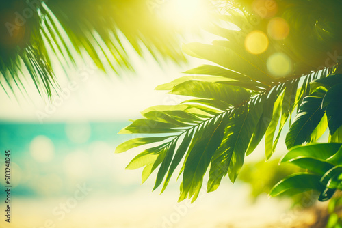 The sun shines through the leaves of palm tree on the beach. Generative AI.