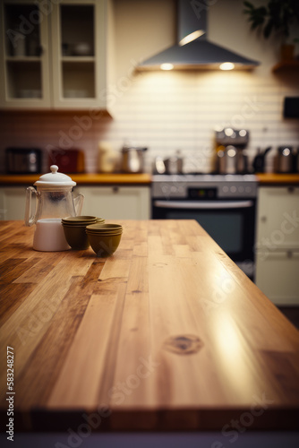 Wooden counter top in kitchen with tea pot and two bowls on it. Generative AI.