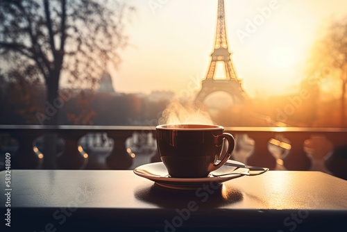 Coffee in france outside with sunset, eifel tower in the background, Generative AI