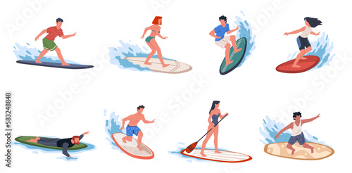 Beach surfers. Happy young athletes dissect waves with boards  summer beach extreme sea sport  active people surf ocean  men and women in swimsuits  nowaday vector cartoon flat set