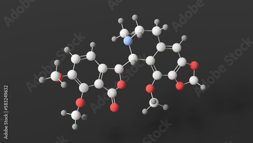 noscapine molecule, molecular structure, nectodon, ball and stick 3d model, structural chemical formula with colored atoms