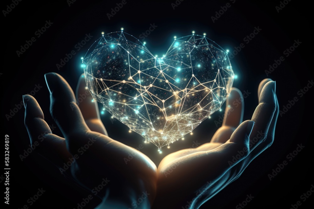 Blue and Yellow Virtual Heart Shape Network in Hands - health data -  information exchange - data visualization - generative ai - obrazy, fototapety, plakaty 