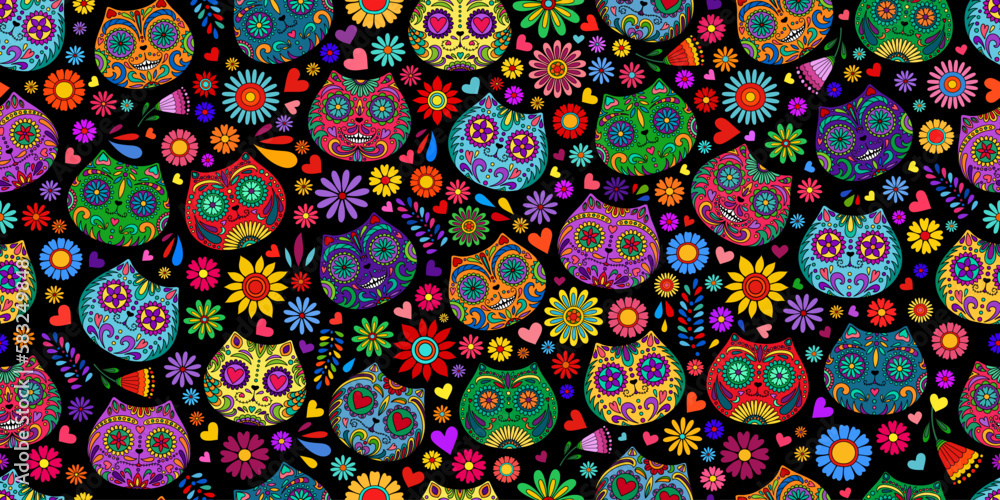 Day of the Dead skulls pattern. Mexican dead Cat. Dia de los muertos print. Day of the dead and Mexican tradition festival. Day of the dead sugar skull isolated. Dia de los Muertos tattoo skulls. Day of the Dead skulls pattern. Mexican dead Cat. Dia de los muertos print. Day of the dead and Mexican tradition festival. Day of the dead sugar skull isolated. Dia de los Muertos tattoo skulls.