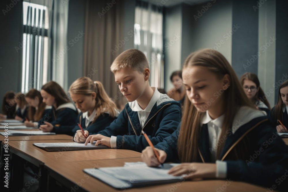 group of pupils in classroom focused while writing an exam - generative ai group of pupils in classroom focused while writing an exam - generative ai