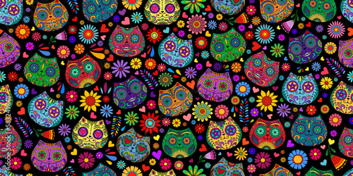 Day of the Dead skulls pattern. Mexican dead Cat. Dia de los muertos print. Day of the dead and Mexican tradition festival. Day of the dead sugar skull isolated. Dia de los Muertos tattoo skulls.