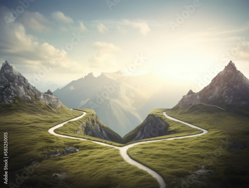 Two twisted paths merging together to ascend a mountain of achievement. AI generation.