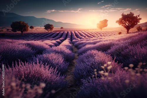 Violet lavender field. AI generation