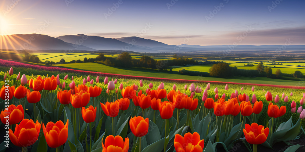 Fantasy tulip field, spring background banner, website header. Colorful flowers for Mother's day, Women's Day, Birthday card, Easter. Generative AI.