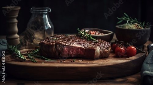 Perfect grilled entrecôte steak on wooden plate with ingredients