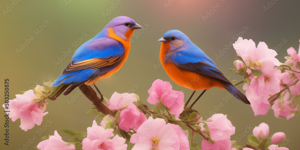 Spring background banner, website header with copyspace. Colorful birds on a cherry tree for Mother's day, Women's Day, Birthday card, Easter. Generative AI. Spring background banner, website header with copyspace. Colorful birds on a cherry tree for Mother's day, Women's Day, Birthday card, Easter. Generative AI.