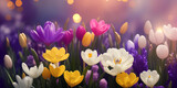 Spring flowers background banner, website header with copyspace. Colorful flowers for Mother's day, Women's Day, Birthday card, Easter. Generative AI.