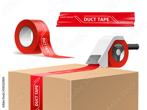 Cardboard box with tape. Realistic packaging, sealing process with branded red tape with inscriptions, roll holder, delivery container, warehouse object, post package, utter vector concept