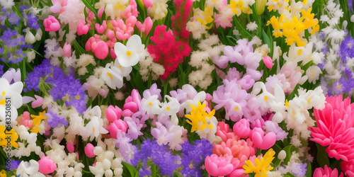 Spring flowers background banner, website header with copyspace. Colorful flowers for Mother's day, Women's Day, Birthday card, Easter. Generative AI. ©  DigitalMerchant
