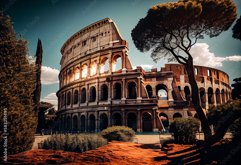 Colosseum or Coliseum in Rome, Italy. Famous ancient Roman monument, world landmark.. Generative AI