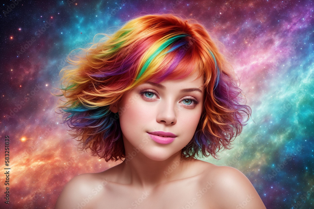 a beautiful woman with multi-colored hair looks at the camera against the backdrop of a colorful cosmic sky with stars and planets, Generative AI