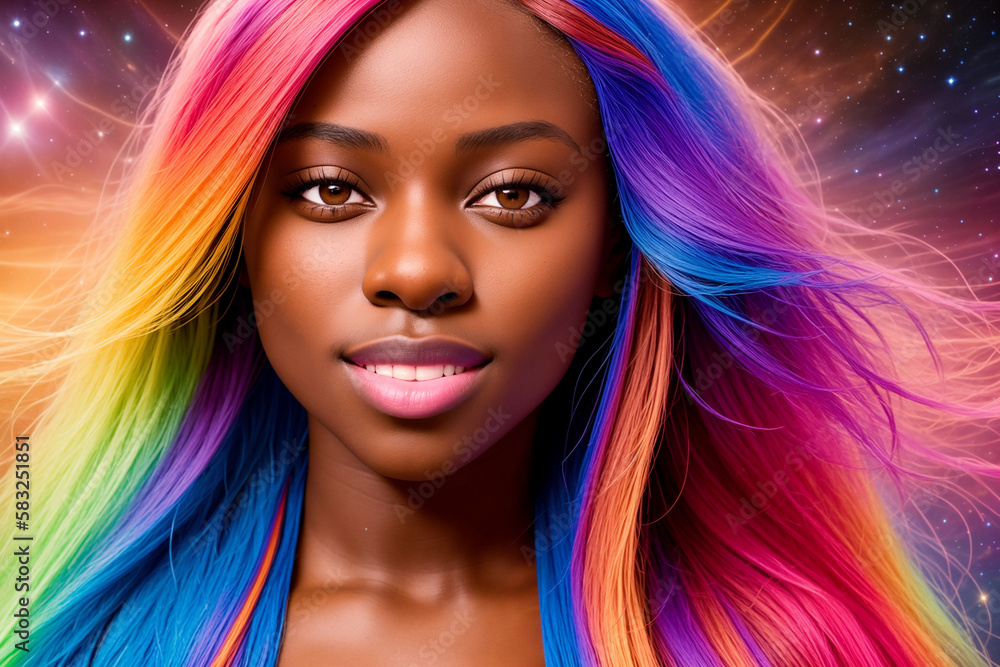 a beautiful woman with multi-colored hair looks at the camera against the backdrop of a colorful cosmic sky with stars and planets, Generative AI a beautiful woman with multi-colored hair looks at the camera against the backdrop of a colorful cosmic sky with stars and planets, Generative AI