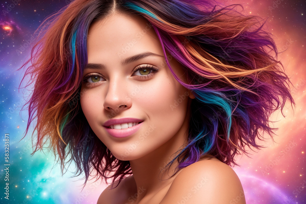 a beautiful woman with multi-colored hair looks at the camera against the backdrop of a colorful cosmic sky with stars and planets, Generative AI a beautiful woman with multi-colored hair looks at the camera against the backdrop of a colorful cosmic sky with stars and planets, Generative AI