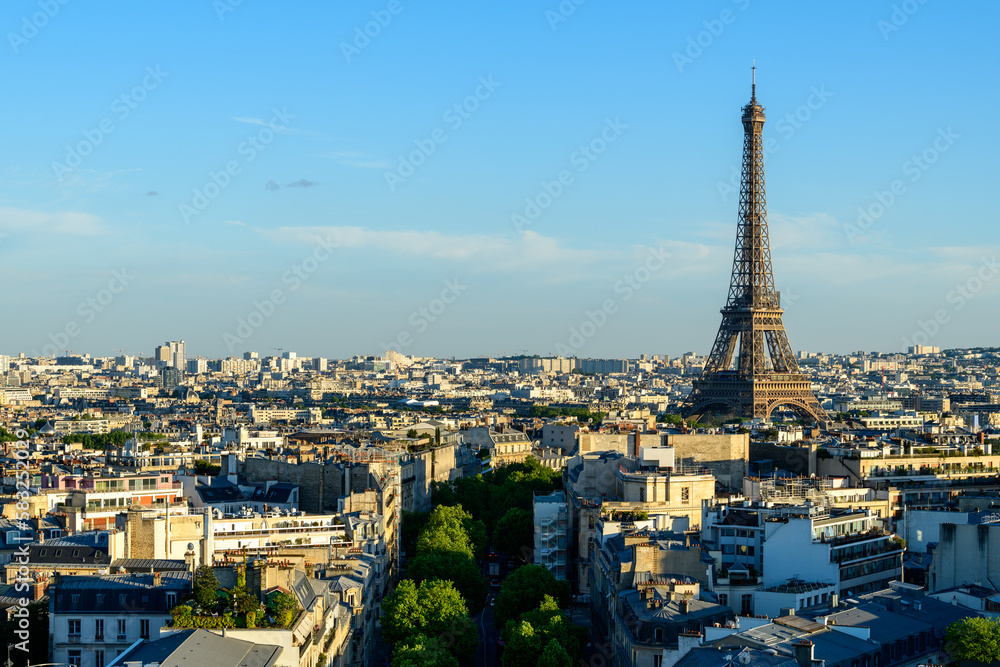 Avenue dIena and the Eiffel Tower , in Europe, France, Ile de France, Paris, in summer, on a sunny day.