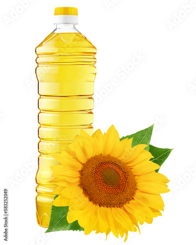 Foto Bottle of sunflower oil and sunflower, isolated on white background, full depth