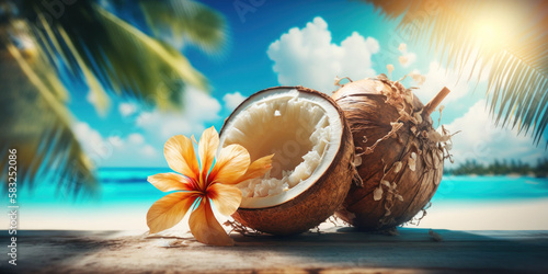Coconut on a tropical island, Generative AI