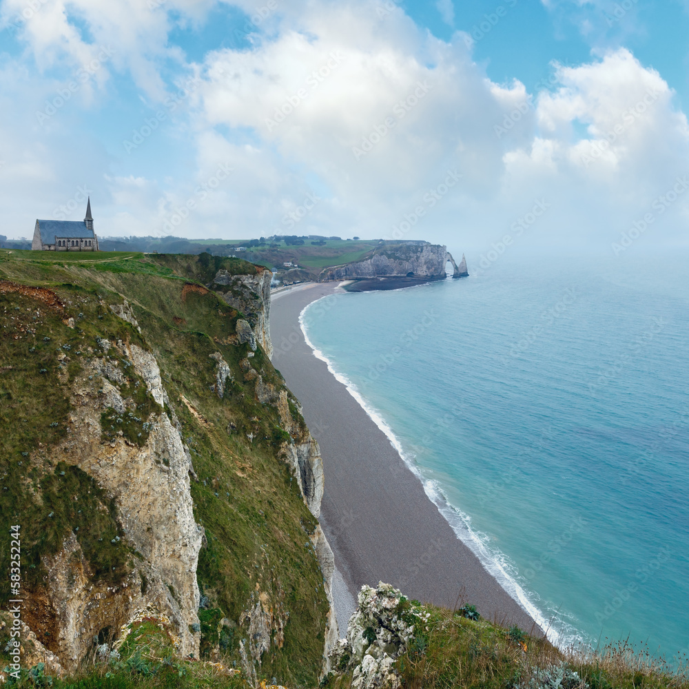 Etretat spring coast, France and church (Chapelle NotreDamedela