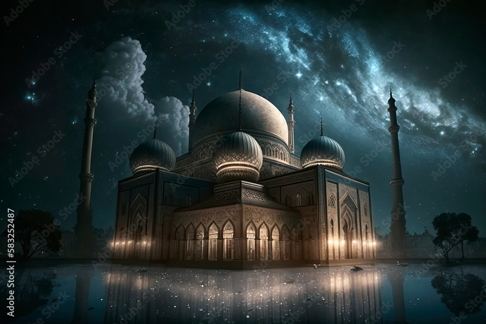 Mosque and crescent moon on starry night sky, Ramadan celebration and ...