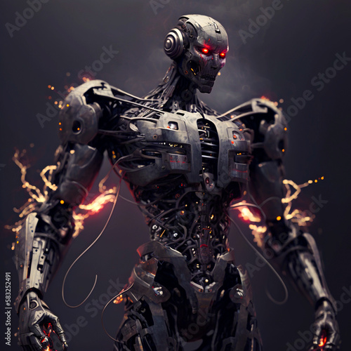 Cybernetic robot with metal mechanisms instead of muscles, details of electrical boards and microcircuits, detailing. Created with Generative AI technology.