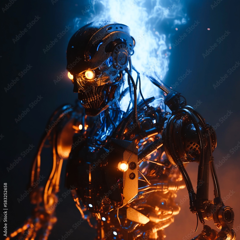 Humanoid cybernetic robot with metal mechanisms and muscles, details of electrical boards and microcircuits. Created with Generative AI technology. Humanoid cybernetic robot with metal mechanisms and muscles, details of electrical boards and microcircuits. Created with Generative AI technology.
