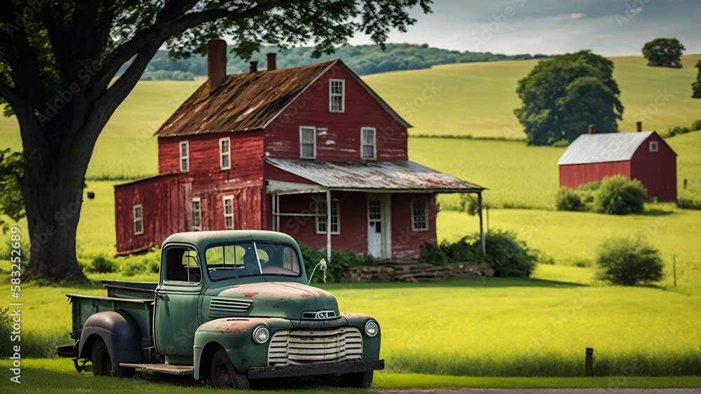 Farmhouse landscape with an old pickup truck. Generative AI. - obrazy, fototapety, plakaty 