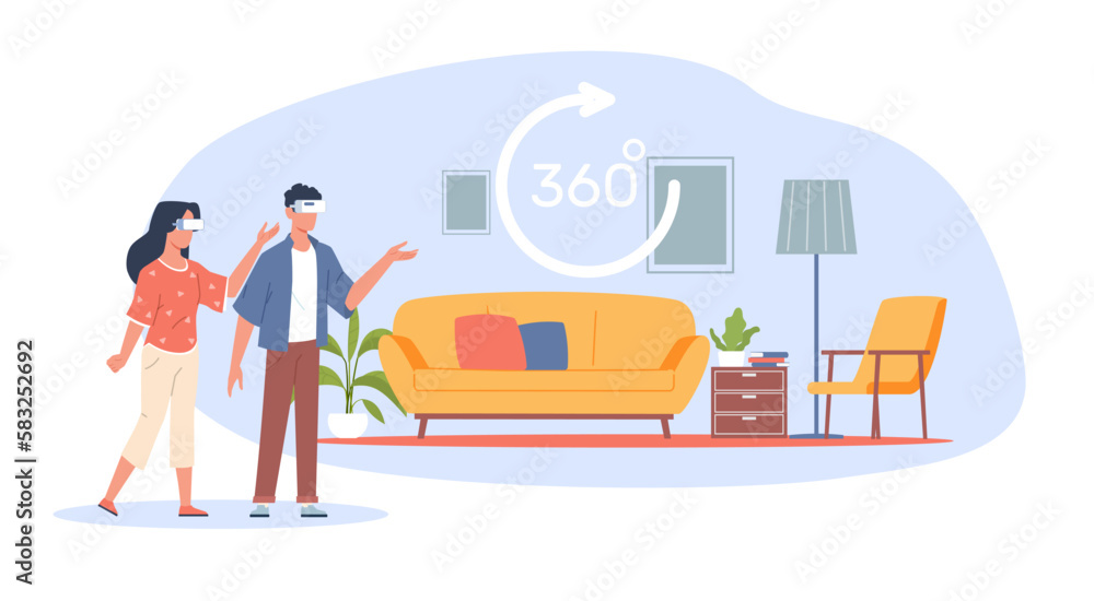 Concept of virtual real estate tour, married couple looking at an apartment to buy or rent. VR online service. Application for quick search for housing online vector cartoon flat illustration