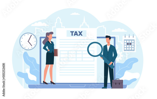 Concept of tax inspector budget analysis, man and woman overseeing compliance with financial laws. Research report and calculation. Cartoon flat isolated characters. Vector illustration