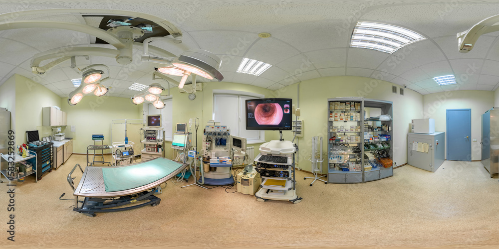 360 hdri panorama inside interior of veterinary clinic. Modern research