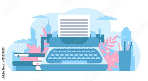 Concept of writing book on typewriter. Chapter of novel or poetry book. professional retro writing, vintage workplace. Creative copywriter. Cartoon flat isolated vector illustration