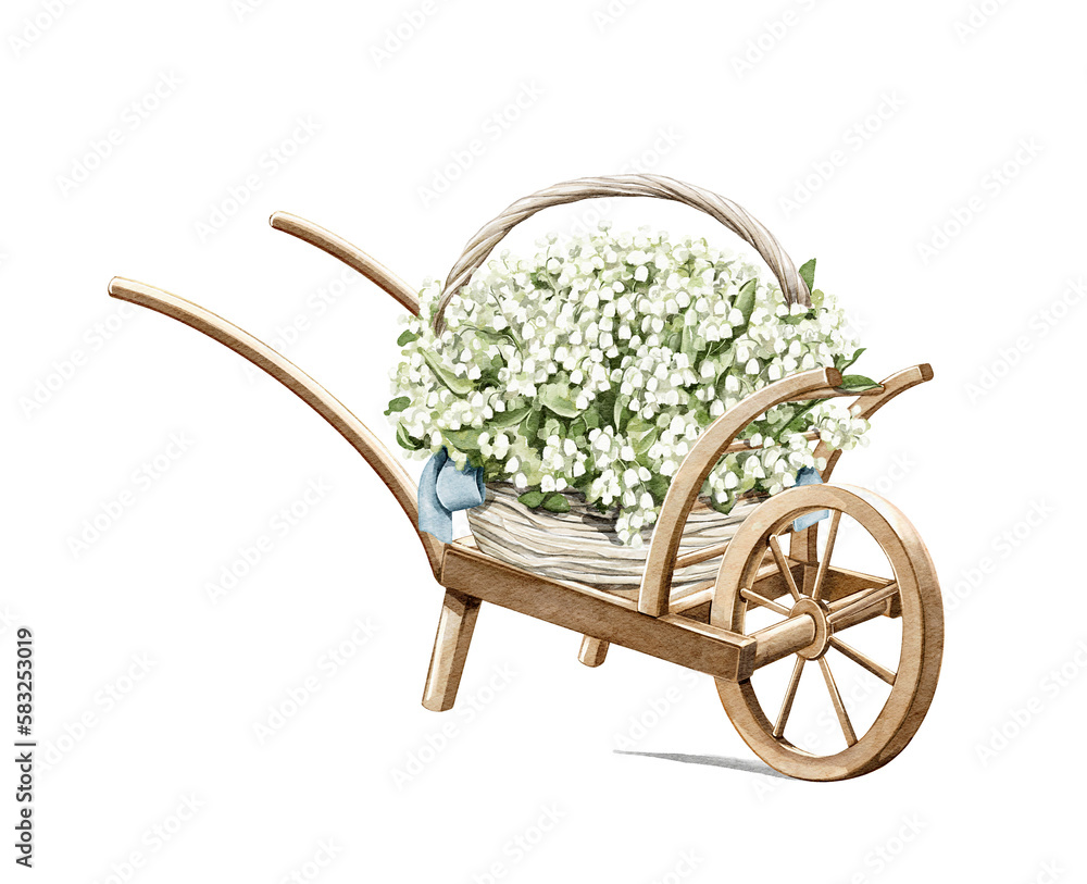Watercolor vintage colorful handmade cart with wicker basket and bouquet lilies of the valley isolated on white background. Watercolor hand drawn illustration sketch