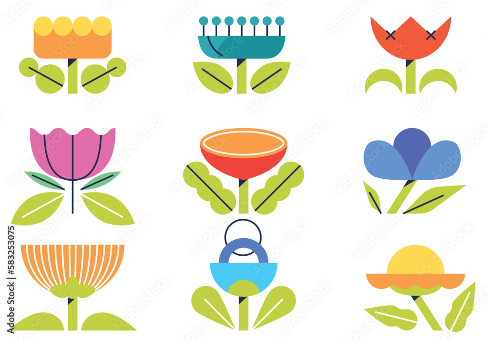 Various colorful flowers. Set of decorative floral design elements. Flat cartoon vector illustration. Illustration of nature flower spring and summer in garden