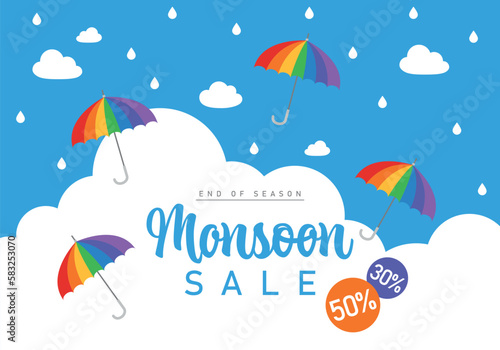 Monsoon sale background with sky and colorful rainbow umbrellas. Sky with clouds, stars. White and blue background. Romantic kawaii design. Cute sky graphic. Cloudscape