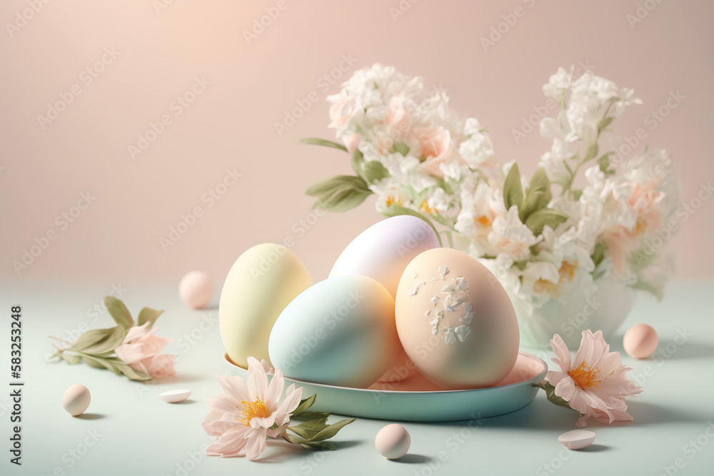 Colorful Easter eggs with spring flowers on pastel background. Greeting card, banner design. Generated AI