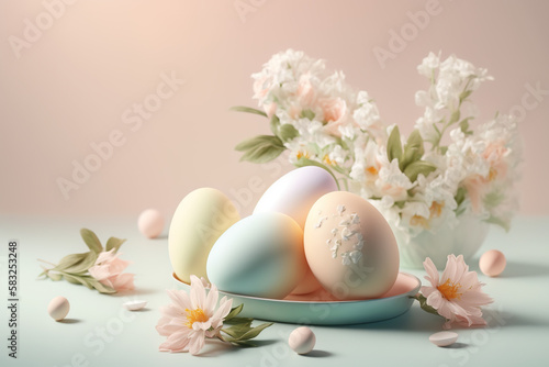 Colorful Easter eggs with spring flowers on pastel background. Greeting card, banner design. Generated AI