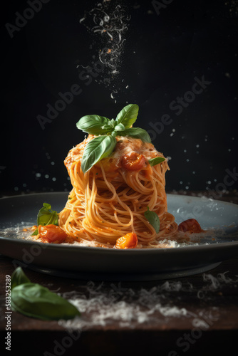 Spaghetti with Tomato Sauce, Sprinkled with Grated Parmesan Cheese, AI Generative