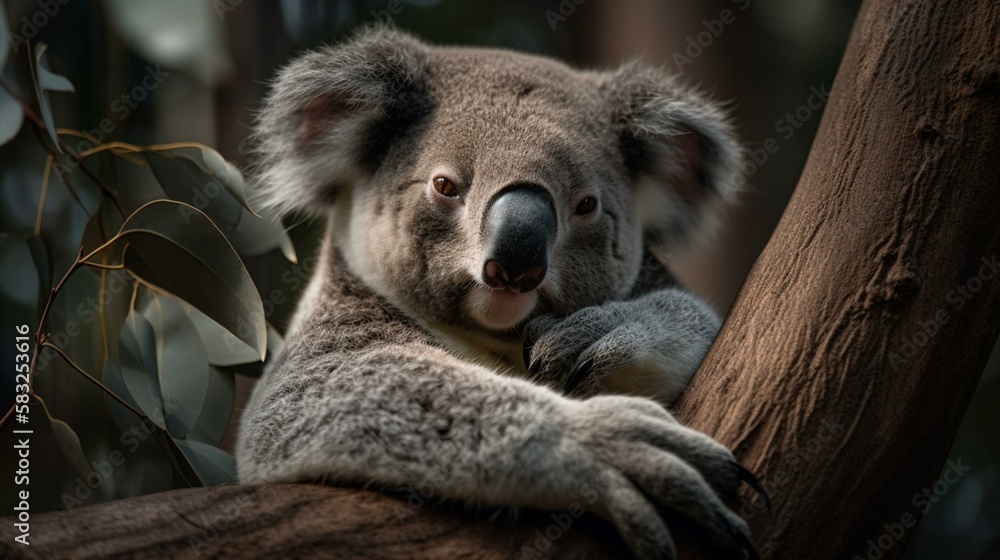 Obraz premium A rotund koala snuggled up in a tree Generative AI