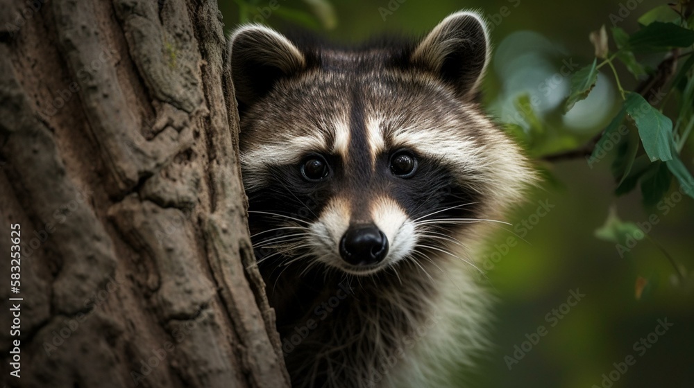 A chubby raccoon peeking out from behind a tree Generative AI