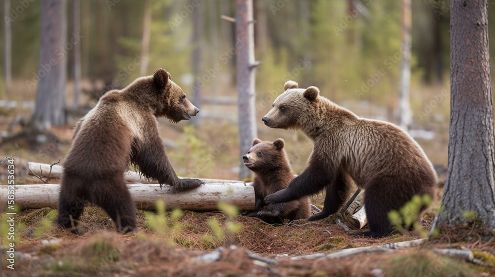 Fototapeta premium A chubby bear cub playing with its siblings in a forest clearing Generative AI